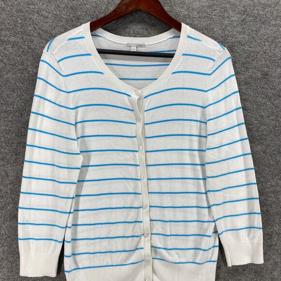 Halogen Cardigan Women L Large White Striped Button Up Knit Nylon Long Sleeve - Picture 3 of 9